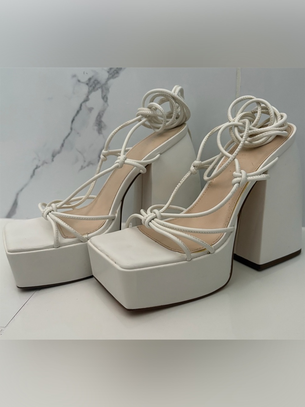 White Platform Lace-Up Block Heel Sandals